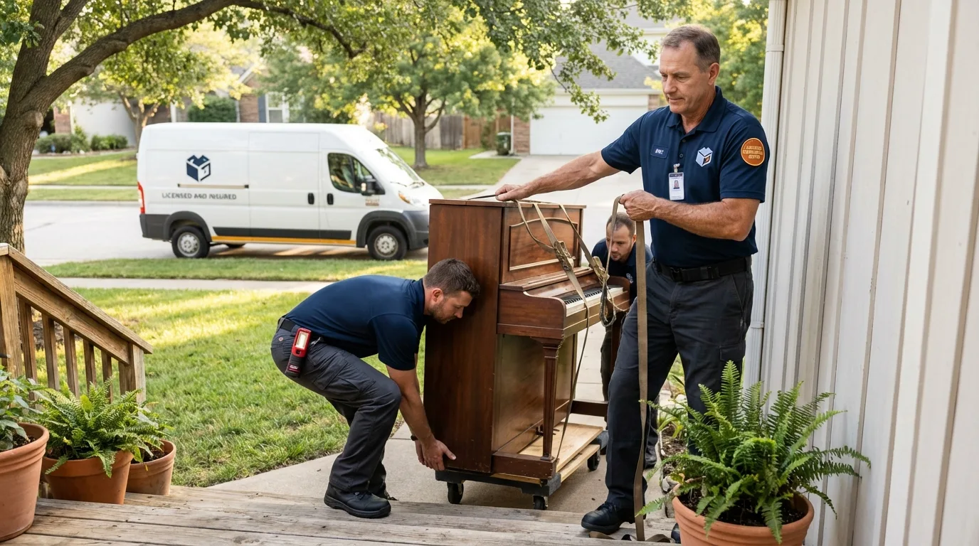 Licensed piano movers securing grand piano in Dike, IA